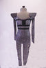 Funky silver and black optical illusion patterned full unitard has black leatherette accents at the bust and peaked shoulders. Back