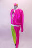 Three-piece costume is comprised of hot pink and lime green leggings that have a matching shiny pink zip-front jacket with large “Delta Nu” on the back. Beneath the jacket is a loose-fitting crop T-shirt a boom-box design on the front. Comes with a green and pink hair accessory. Side