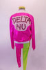 Three-piece costume is comprised of hot pink and lime green leggings that have a matching shiny pink zip-front jacket with large “Delta Nu” on the back. Beneath the jacket is a loose-fitting crop T-shirt a boom-box design on the front. Comes with a green and pink hair accessory. Back