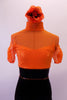 Orange and black unitard has a sheer orange mesh top with a built-in camisole beneath. The attached black velvet pants have a wide high-waist belt lined with orange crystals. The high collar also has a crystal design. Comes with an orange floral hair accessory. Front zoomed