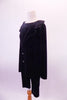 Quirky black velvet tunic style tailcoat has a faux collar and large front buttons. The black velvet ¾ length pants and black top hat create a fun yet creepy feel. Left side