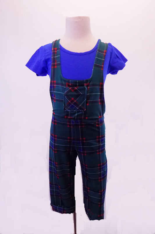 Royal blue cap-sleeved leotard is accompanied by a teal plaid Capri overalls with front pocket and cross back straps. Comes with circle glasses & a propellered yellow beanie hat accessory. Front