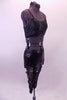 Three-piece black costume has a black shimmery bra top with matching “v” waist bootie shorts. The sheer ¾ length back leggings are made torn for the effect Comes with a black hair accessory. Side