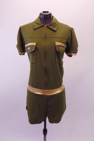 Army themed olive coloured short unitard with zip-front and lapelled collars. Comes with the army stripes and badges. Front