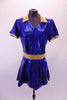Royal blue shimmery tunic style short V-neck dress with side slits, has a gold lapel collar and matching gold belt. Comes with matching brief and hair accessory. Front