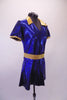 Royal blue shimmery tunic style short V-neck dress with side slits, has a gold lapel collar and matching gold belt. Comes with matching brief and hair accessory. Side