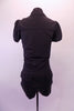 Black short unitard with zip-front and lapelled collar has a black bra top that goes underneath. The costume can be worn zipped half-way or fully. Back