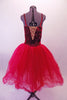 Crimson red romantic tutu has long tulle skirt with a crushed velvet bodice. The front center of the torso is red sequin with a large red jewel brooch accent. The back has a nude panel with faux corset ties. Comes with a floral hair accessory. Back