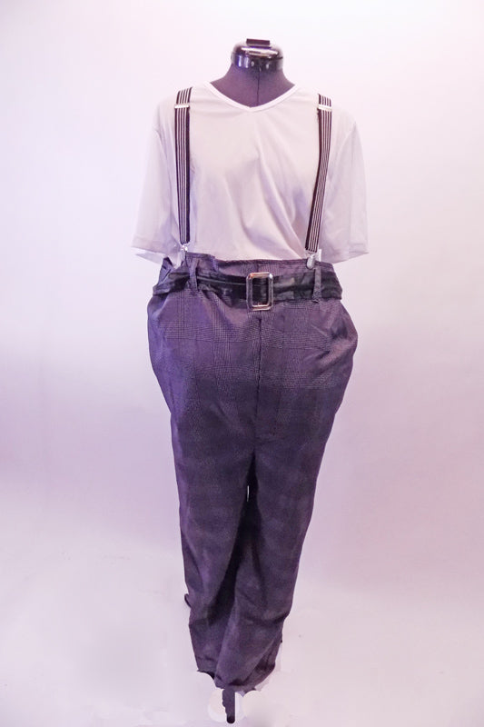 Old man themed costume has plaid pants attached to a white t-shirt style stretch top. The full unitard zips down the back. The costume is accented by a black belt and suspenders and is equipped with a large stuffed attached belly. Front