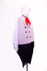 Chef themed costume has a hoop center at the waist of a white cotton chef jacket attached to black pants. The jacket has faux black buttons, front pocket and red scarf. Comes with a chef hat. Side