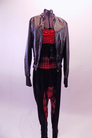 Three piece-costume has a faux leather jacket that sits over-top of a red sequined half-top. The outfit is complete by black drop-crotch harem pants with red plaid waist and crotch area. Front