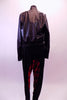 Three piece-costume has a faux leather jacket that sits over-top of a red sequined half-top. The outfit is complete by black drop-crotch harem pants with red plaid waist and crotch area. Back
