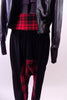 Three piece-costume has a faux leather jacket that sits over-top of a red sequined half-top. The outfit is complete by black drop-crotch harem pants with red plaid waist and crotch area. Pants zoomed
