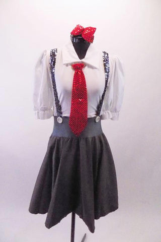 Two-piece schoolgirl themed costume has a grey cotton/tweed knee-length circle skirt with wide waistband, button details and silver sequined suspender straps that cross at back. The white pouffe sleeved leotard has an attached shirt-like collar and keyhole back. Comes with a red sequined hair bow and necktie. Front