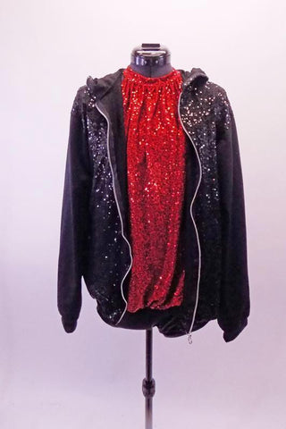 Red sequined halter bubble top has a low drop back that reveals the attached leatherette bandeau bra, leatherette shorts and black sequined zip front jacket. Front