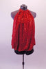 Red sequined halter bubble top has a low drop back that reveals the attached leatherette bandeau bra, leatherette shorts and black sequined zip front jacket.  Front no jacket