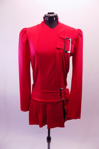 Red coat style uniform themed dress has a partial mandarin collar. Two large silver buckles adorn the left side of the dress at the bust and hip. The box pleat straight short skirt has a slit at the left side. Front