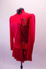 Red coat style uniform themed dress has a partial mandarin collar. Two large silver buckles adorn the left side of the dress at the bust and hip. The box pleat straight short skirt has a slit at the left side. Left side