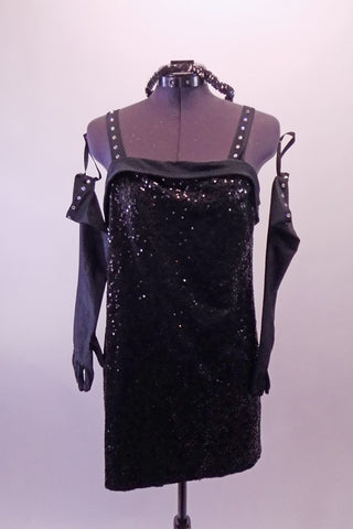 Fosse’s frug inspired lack sequined tank dress has crystalled straps. Comes with long black crystalled gloves and sequined hair tie. Front
