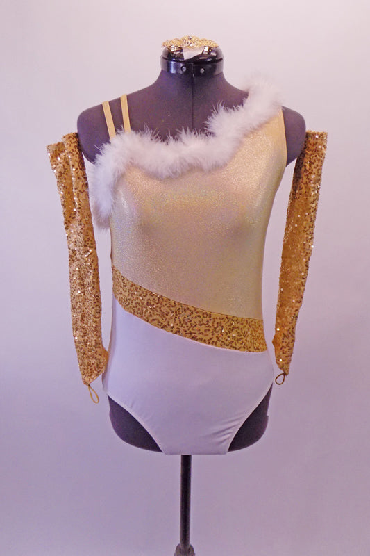 Gold & white single shoulder leotard has a light gold shimmery bust & white bottom separated by a gold sequin angled gold straps banded at the waist. The bust is lined with white marabou feather. The right shoulder has double straps that angle out at the back. Comes with gold sequined gauntlets & hair accessory. Front