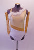 Gold & white single shoulder leotard has a light gold shimmery bust & white bottom separated by a gold sequin angled gold straps banded at the waist. The bust is lined with white marabou feather. The right shoulder has double straps that angle out at the back. Comes with gold sequined gauntlets & hair accessory. Front