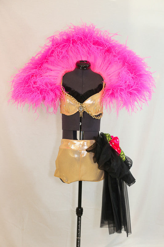 Gold metallic bra and shorts with side pouf of pink,black and leopard print. Comes with stiff crinoline, marabou trimmed, hot pink removable collar. front