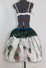 White bra covered with iridescent  crystals. Open front tulle skirt, overlaid with white organza, crystals,  peacock & cock feathers, back