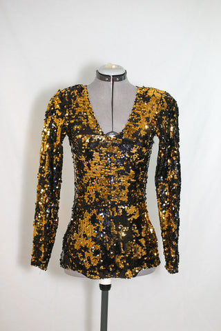 Fully sequined gold, key-hole back bodysuit, with black matching under suit . Comes with wide large buckle leather belt, front