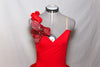 Red heavy sateen stretch fabric full dress. Skirt is open front, with large ruched bustle. Right shoulder is ruffled with a large flower crystal appliqué,  front zoom