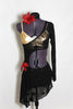 Salsa inspired black, sheer, long sleeved, one-shoulder dress, covers a gold bra. has red flower accent and hair accessory. Front