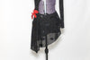 Salsa inspired black, sheer, long sleeved, one-shoulder dress, covers a gold bra. has red flower accent and hair accessory. Back