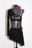 Salsa inspired black, sheer, long sleeved, one-shoulder dress, covers a gold bra. has red flower accent and hair accessory. Back