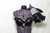 2 piece costume is comprised of a pleather bra with front cross straps Shoulder and hip  have layers for purple/grey/ black taffeta & crystal covered hip-belt, front top zoom