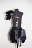 2 piece costume is comprised of a pleather bra with front cross straps Shoulder and hip  have layers for purple/grey/ black taffeta & crystal covered hip-belt. Back