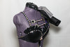 2 piece costume is comprised of a pleather bra with front cross straps Shoulder and hip  have layers for purple/grey/ black taffeta & crystal covered hip-belt, Side zoom