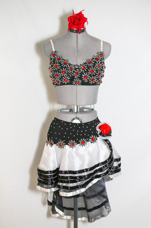 Two piece costume with applique & crystal covered bra.Bottom is white organza ruffled Spanish-style angle skirt with ribbon edge and crystal detail. front