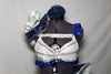Double layered blue/silver wave skirt, hugs the hips/waist, by Velcro band.Bra has blue satin ruffles,covered with AB crystals and shoulder piece mimics skirt, front