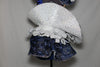 Double layered blue/silver wave skirt, hugs the hips/waist, by Velcro band.Bra has blue satin ruffles,covered with AB crystals and shoulder piece mimics skirt, side