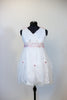 White organza-chiffon dress, with pleated front, has pink Swarovski details, front bridal appliqué, pink satin roses & pearl accents and pink satin sash. Front