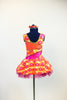 Dress has a wave of orange and yellow with white/pink flowers with crystal centers, back