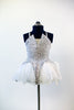 Silver/white glittered tutu dress with sequined bodice, peaked overlay on white tulle front. 