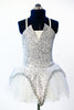 Silver/white glittered tutu dress with sequined bodice, peaked overlay on white tulle front. 