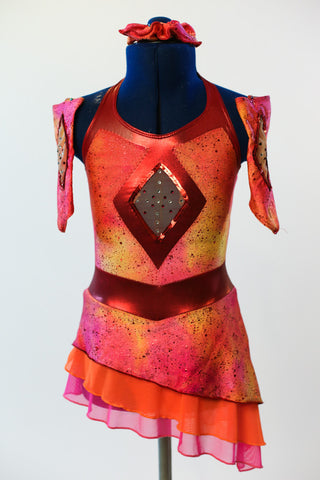 Jazz or skate costumes is speckled spandex leotard, with pink and orange chiffon, front