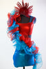 red and aqua metallic 2 piece jazz costume with organza ruffle front