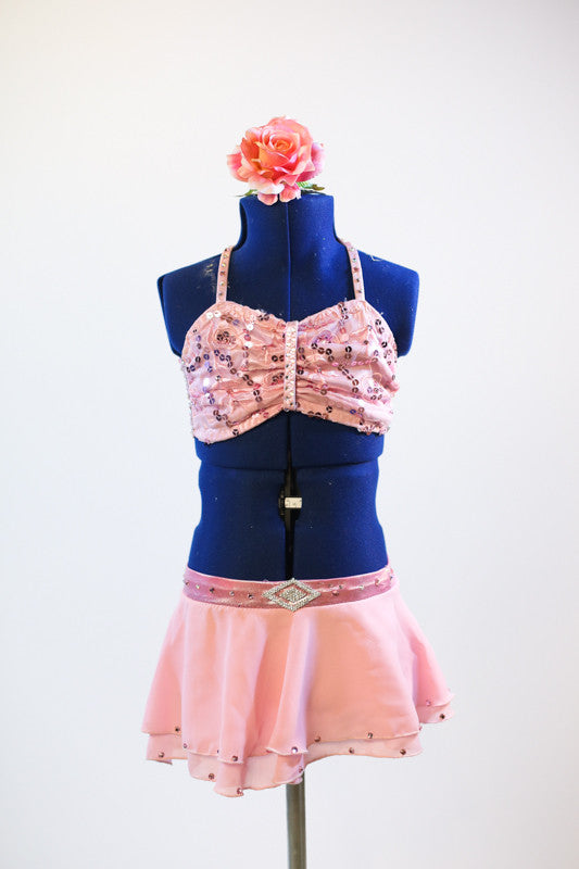 Pink sequined bra-top, with matching chiffon skirt. and Swarovski crystal accent on front waistband. front