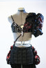 3 piece costume, red/black glitter velvet, with large shoulder pouf and bustled calf-length skirt, front.