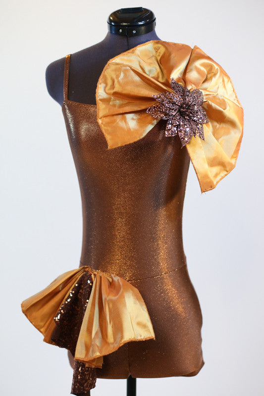 bronxe, unitard, jazz, or acro costume with with hip ruffle & crystal broach accent front 