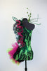 Green/black lightning print spandex bodysuit with pink/black ruffle details and green hoop accents, back