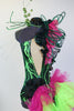 Green/black lightning print spandex bodysuit with pink/black ruffle details and green hoop accents, front