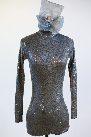 Galaxy Acro Costume silver/gray glitter spandex, open backed unitard front